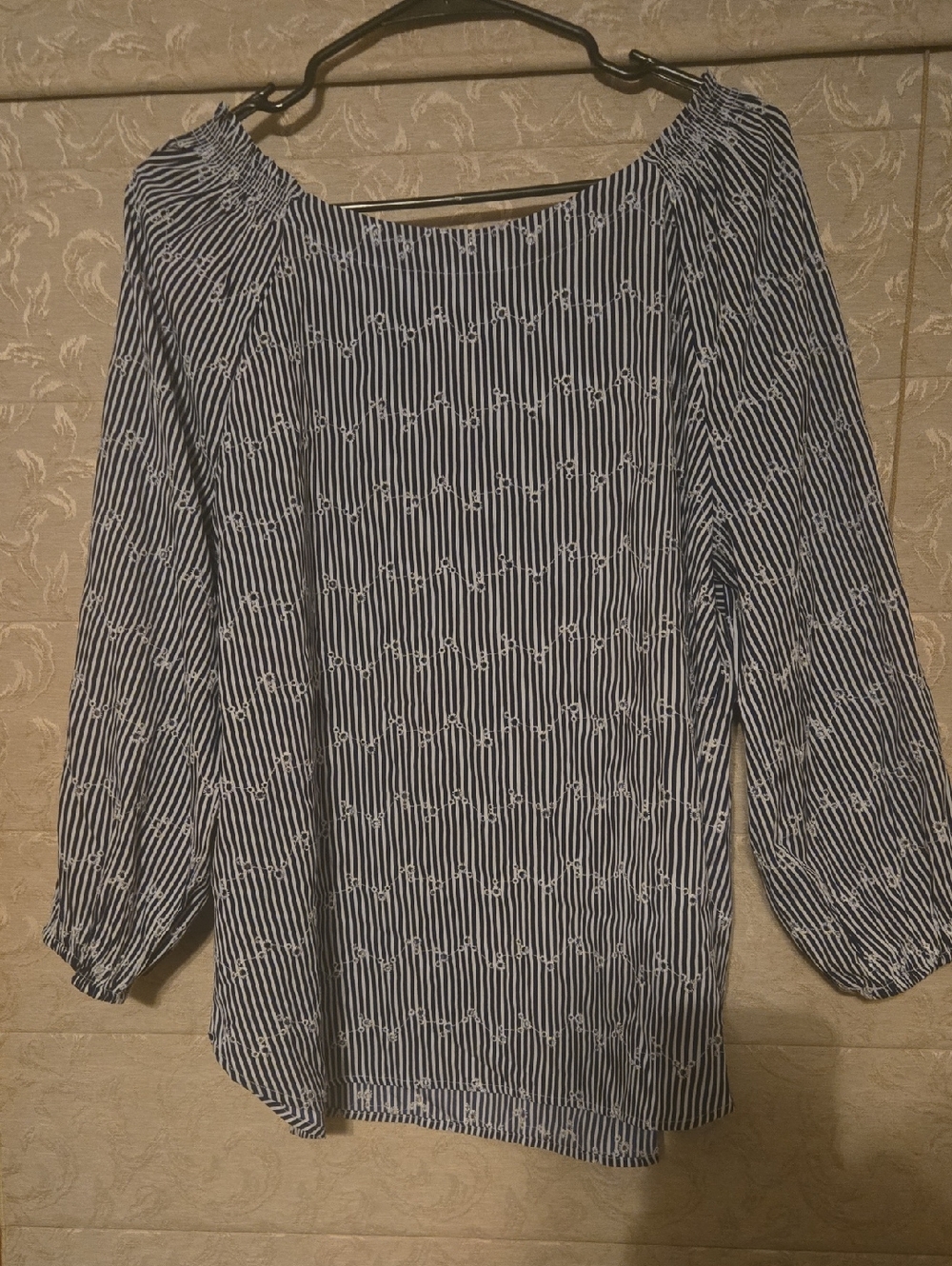 LOFT Navy and White Striped Peasant Top